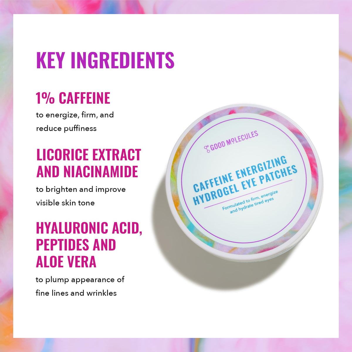 Good Molecules patches applied under eye demonstrating de-puffing effect