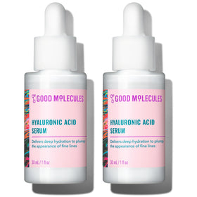 Good Molecules front packaging showing two 30 ml bottles and benefits