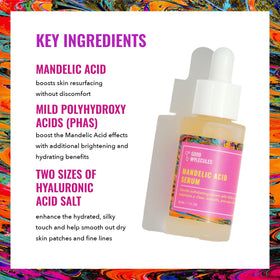 Good Molecules ingredient label close-up, highlights mandelic acid and hyaluronic benefits