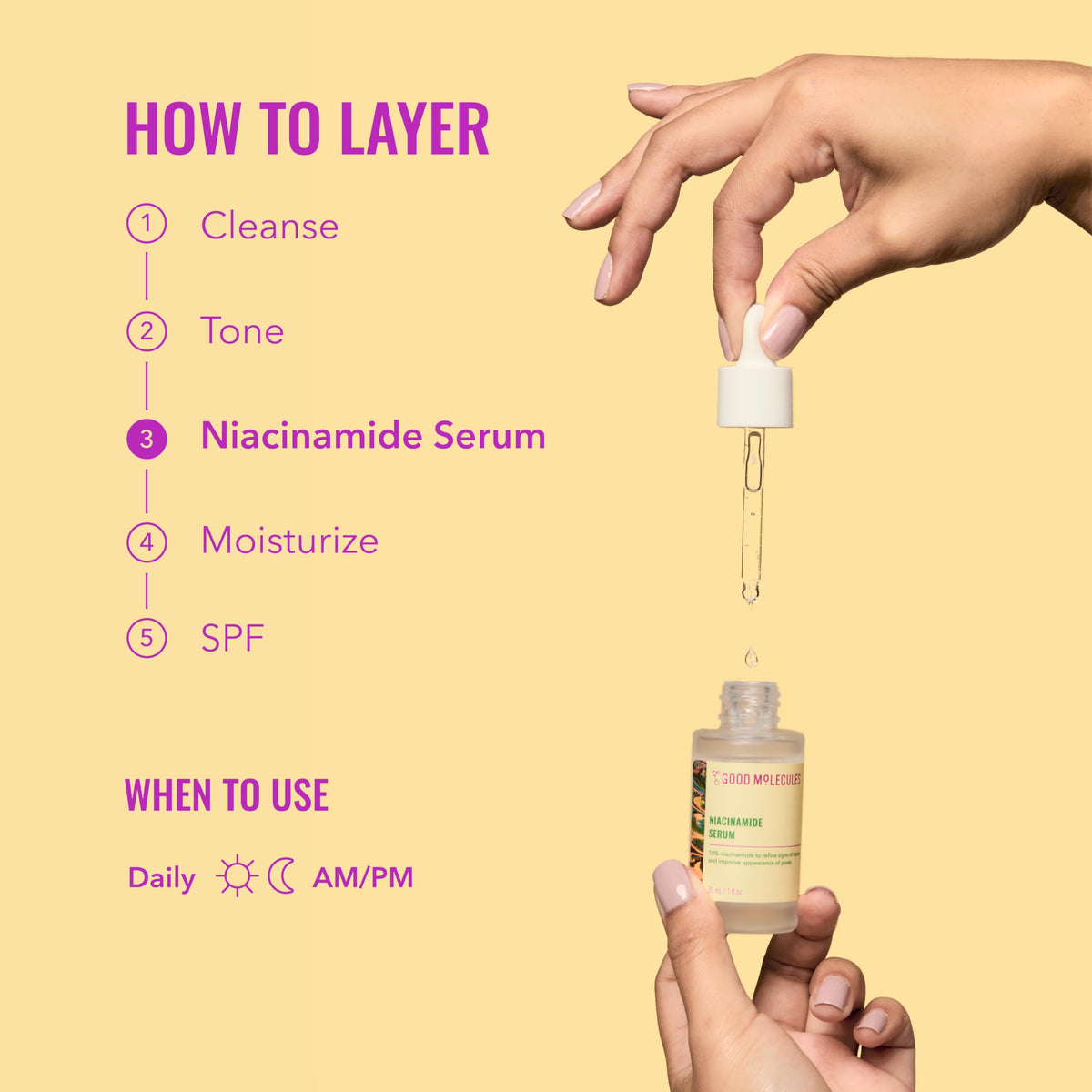 Good Molecules bottle placed on bathroom counter in real routine offering relatable usage context