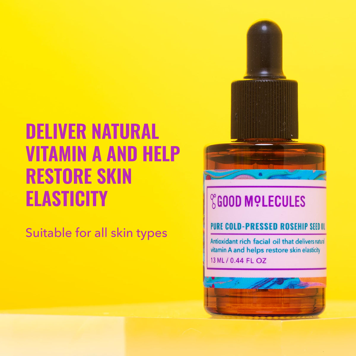 Good Molecules amber bottle close-up highlighting cold-pressed texture and purity benefits