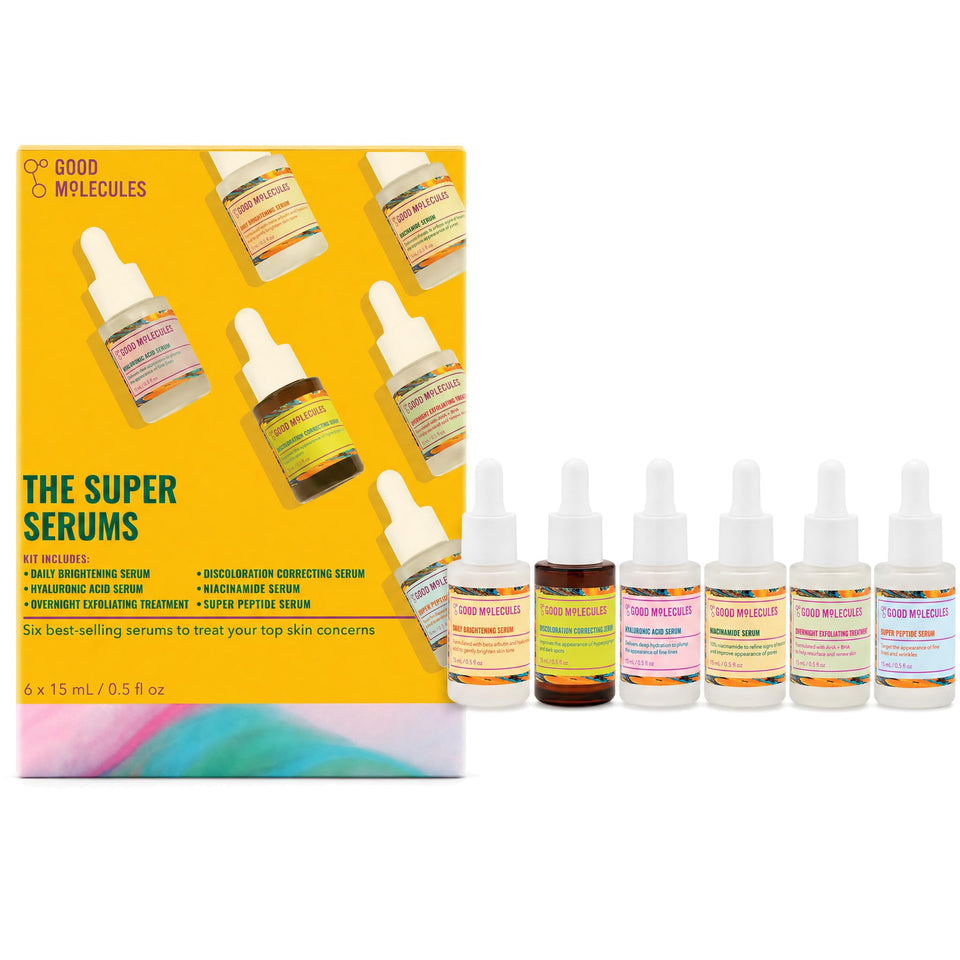 Good Molecules retail box front showing six mini serums and gift-ready packaging benefits