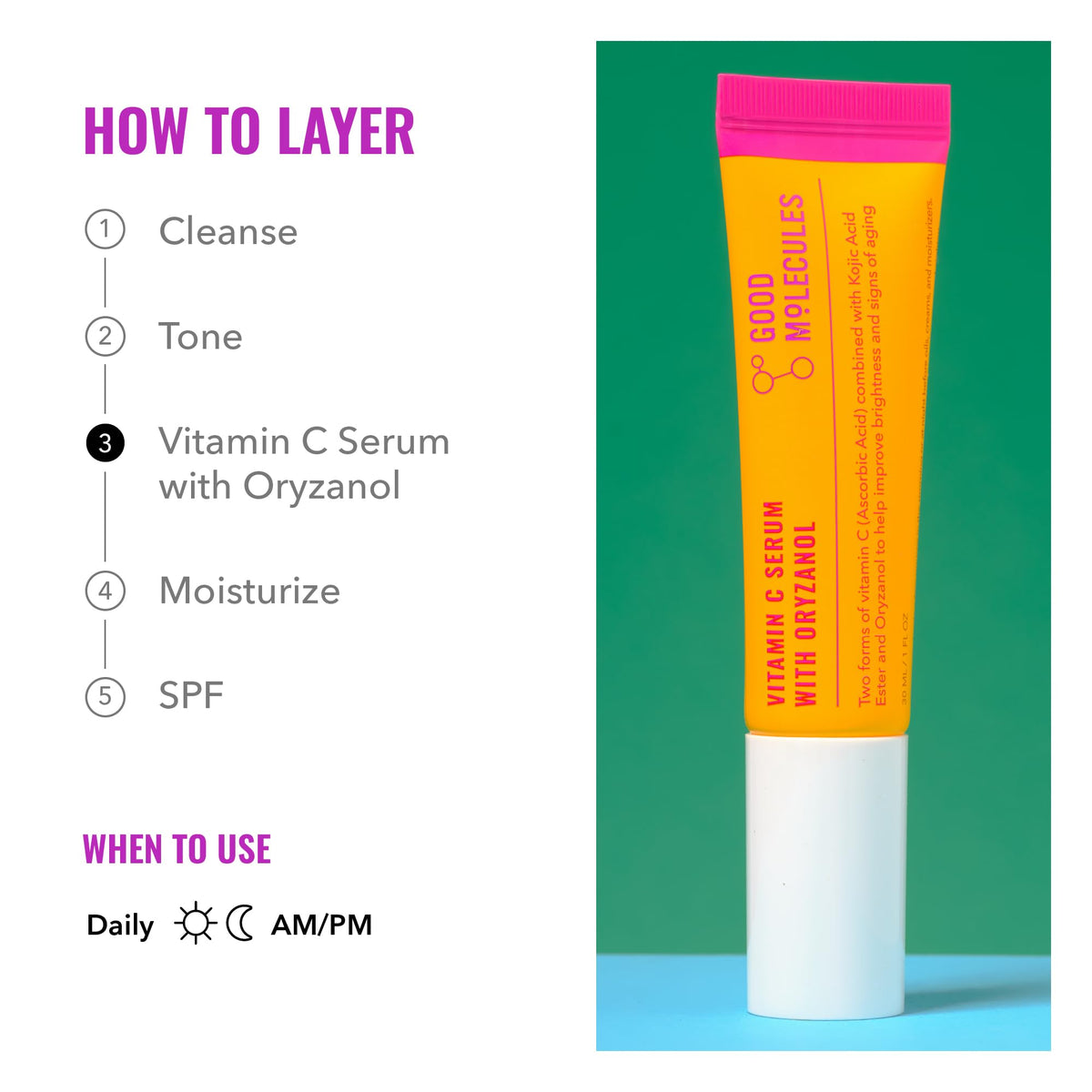 Good Molecules application on hand and lower cheek, demonstrates easy layering