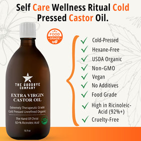 GoodBye Company pouring cold-pressed castor oil close-up highlighting smooth texture