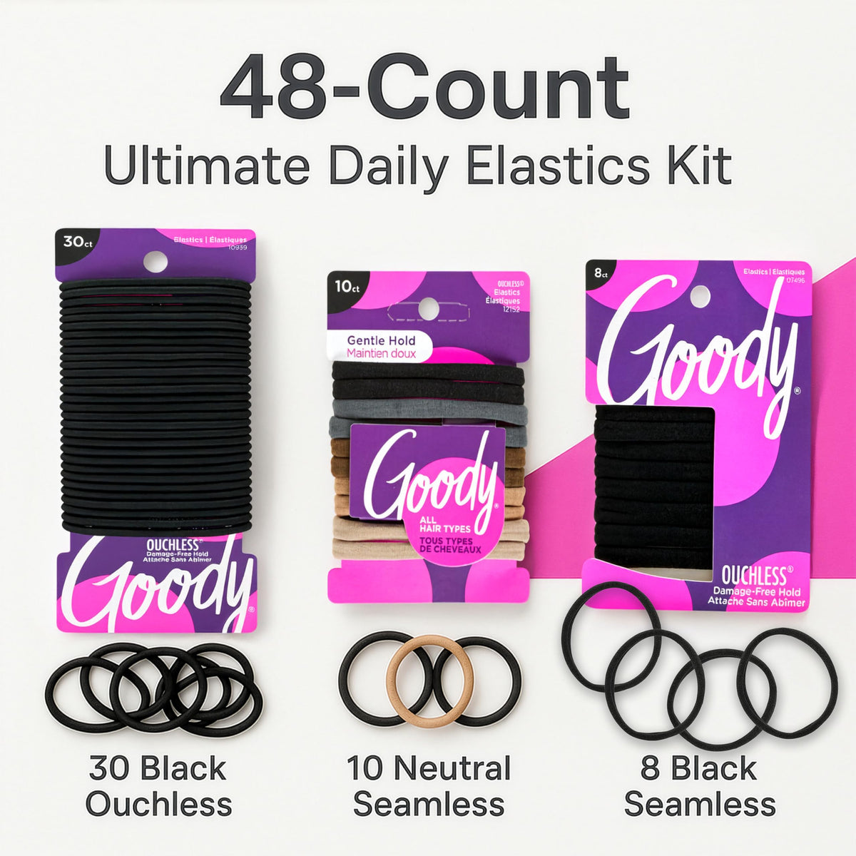 GOODY close-up of ouchless elastics highlighting smooth wrap and gentle hold