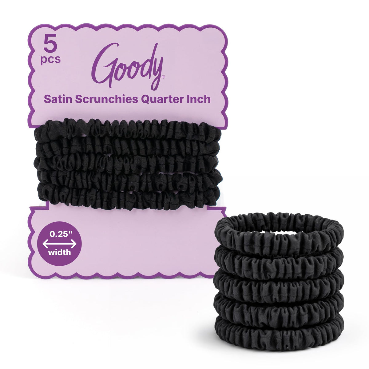 Goody front packaging showing five black satin scrunchies and neat presentation benefit