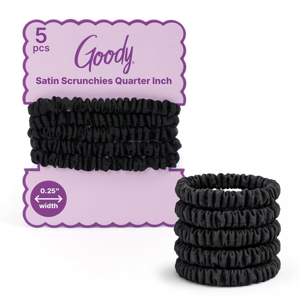 Goody front packaging showing five black satin scrunchies and neat presentation benefit