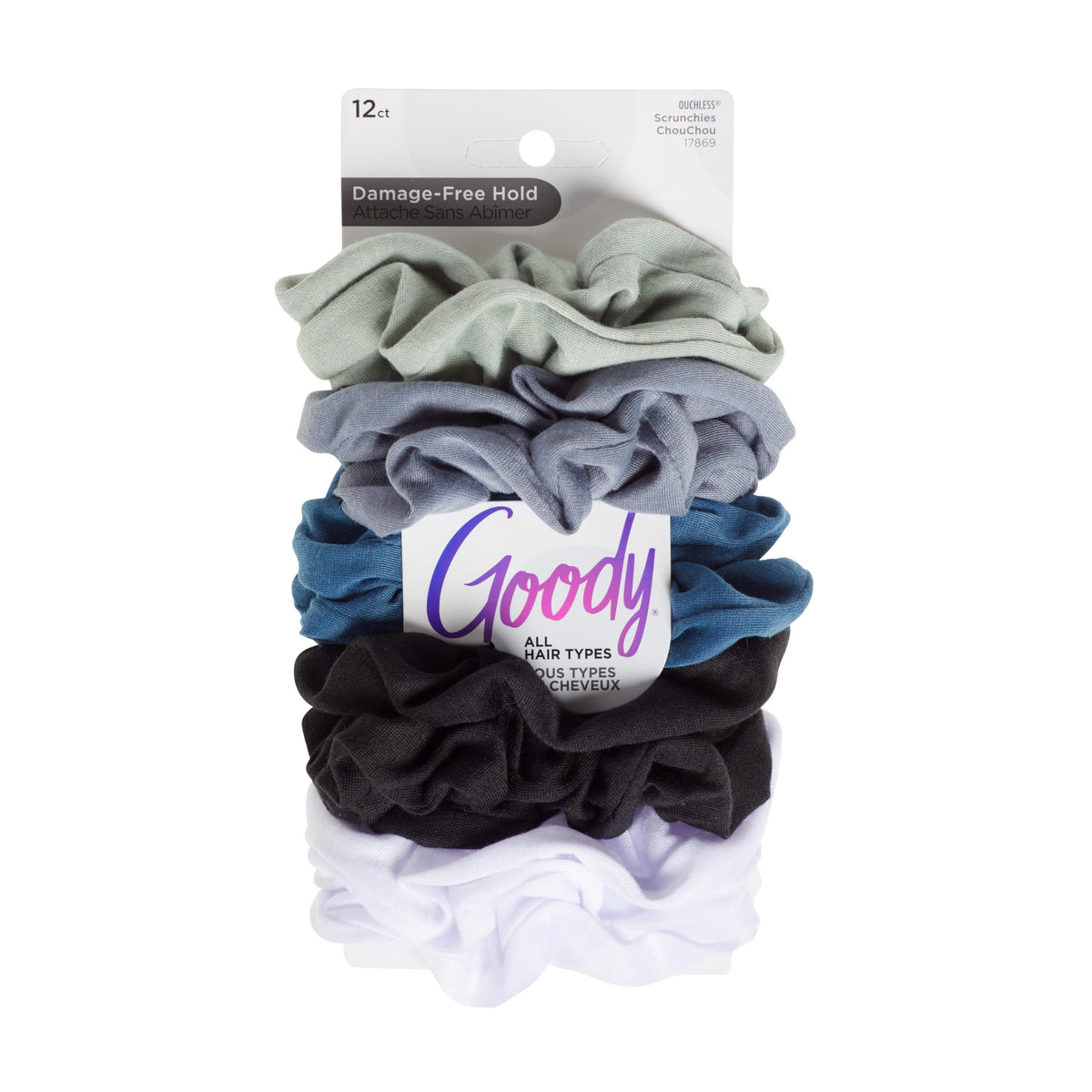 GOODY front packaging showing 12 cool-tone scrunchies and easy selection benefit