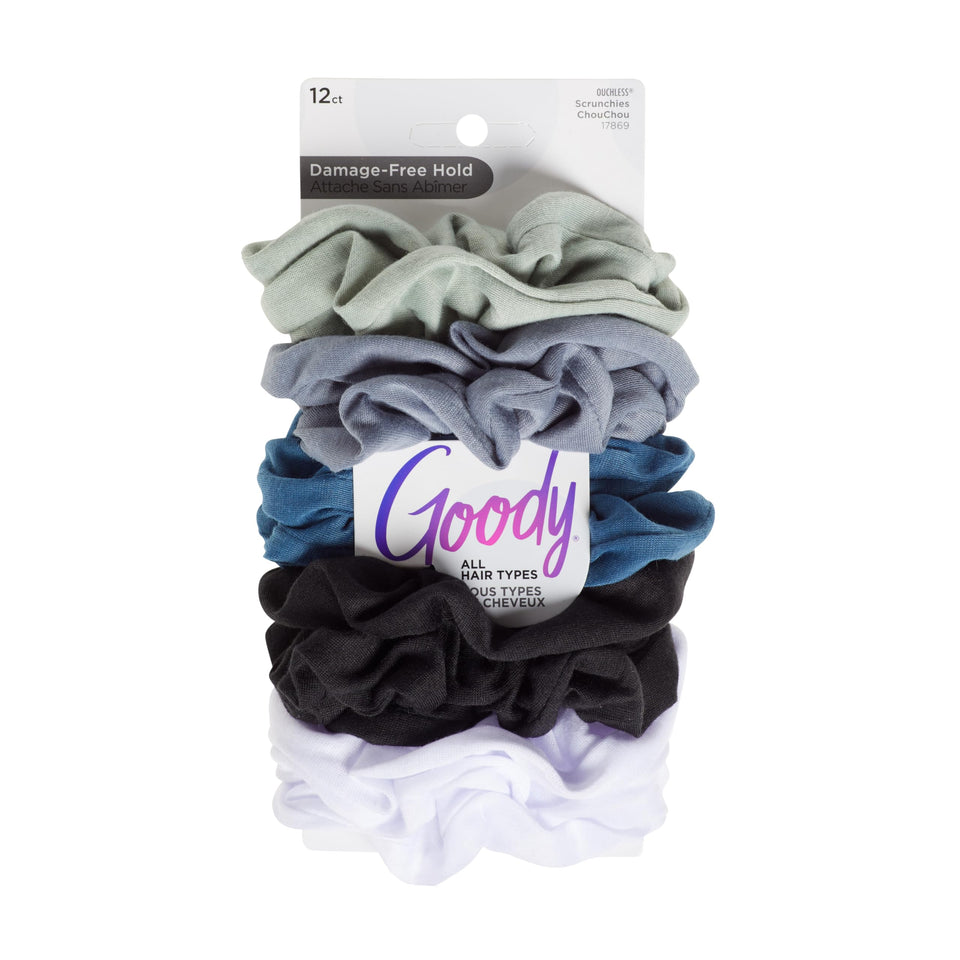 GOODY front packaging showing 12 cool-tone scrunchies and easy selection benefit