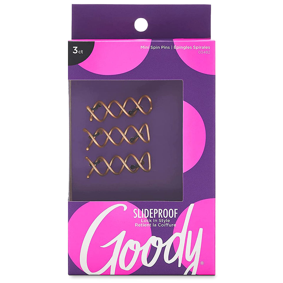 Goody front packaging showing three mini spin pins and instructions, clear styling benefit