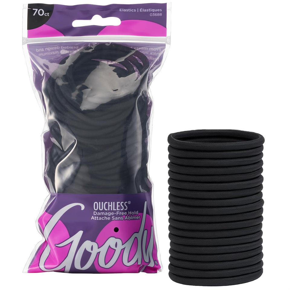 Goody front packaging showing 70-count black elastics and value
