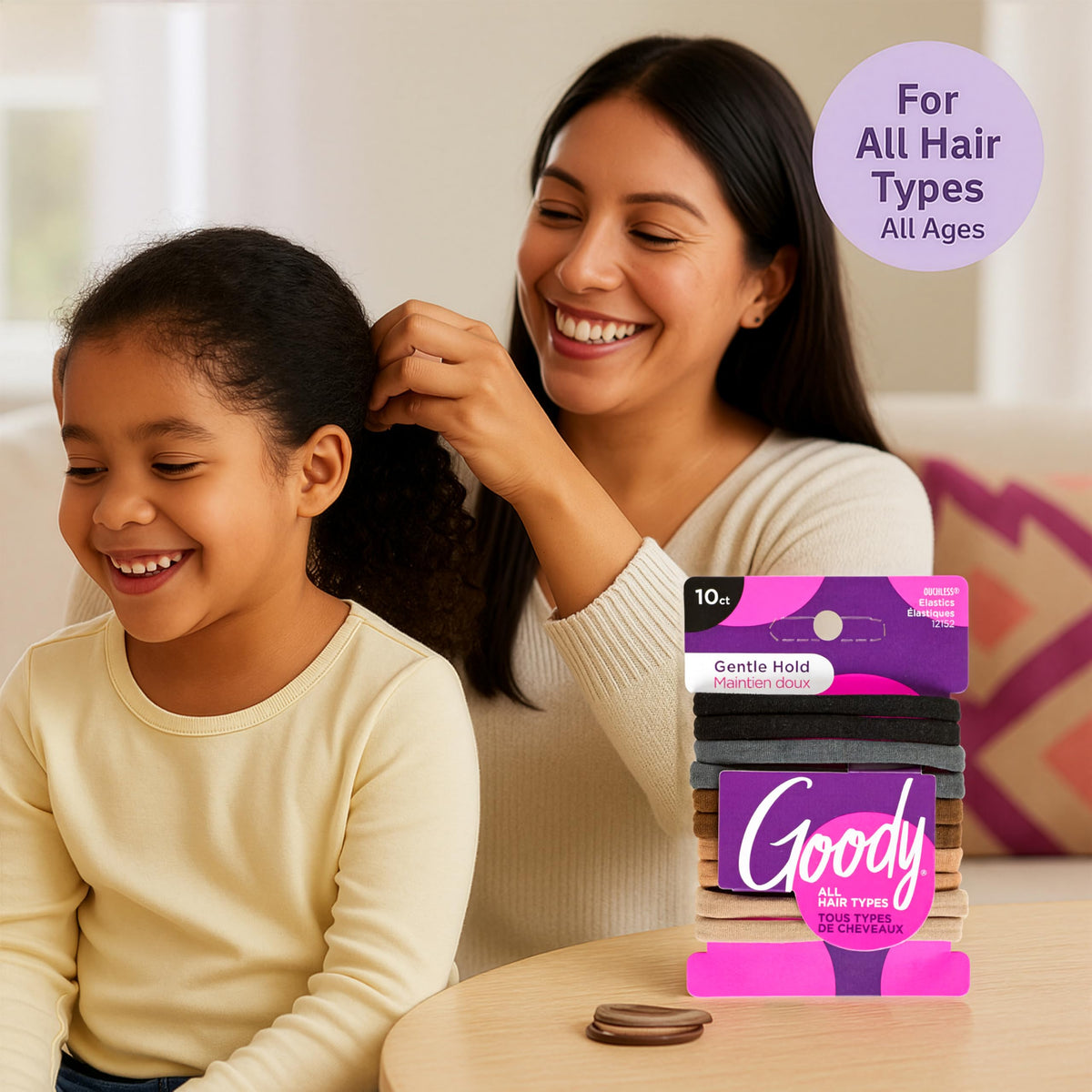 GOODY elastics in hand to show size and easy grip for quick styling