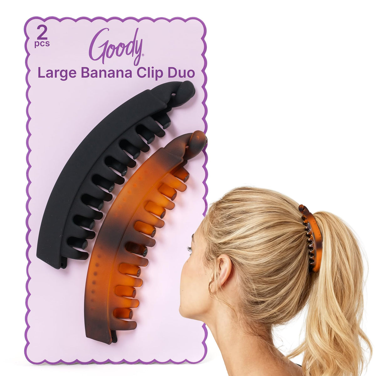 Goody large banana clip front pack showing styles and benefits