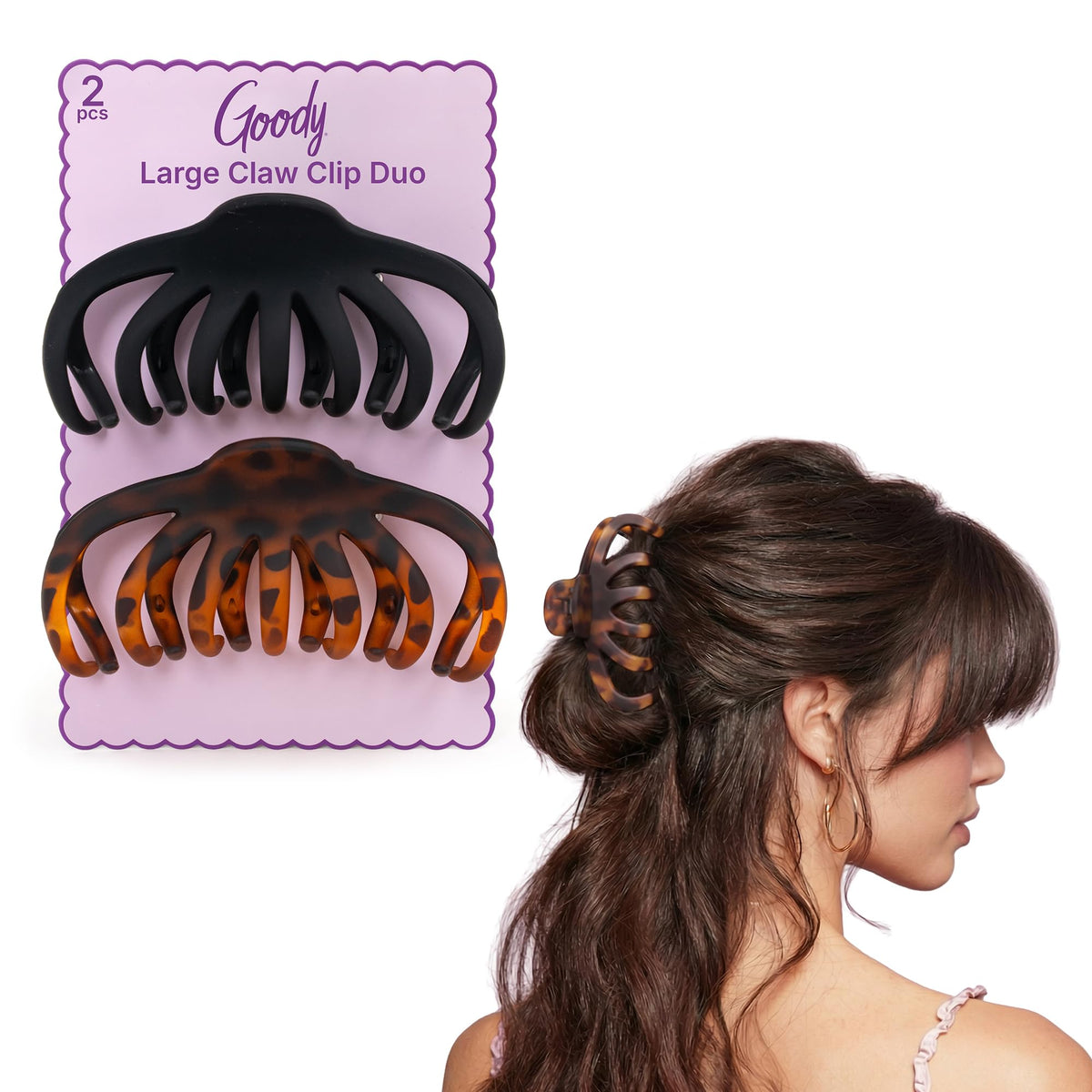 Goody large clips front view showing elegant black and tortoise finishes and polished look