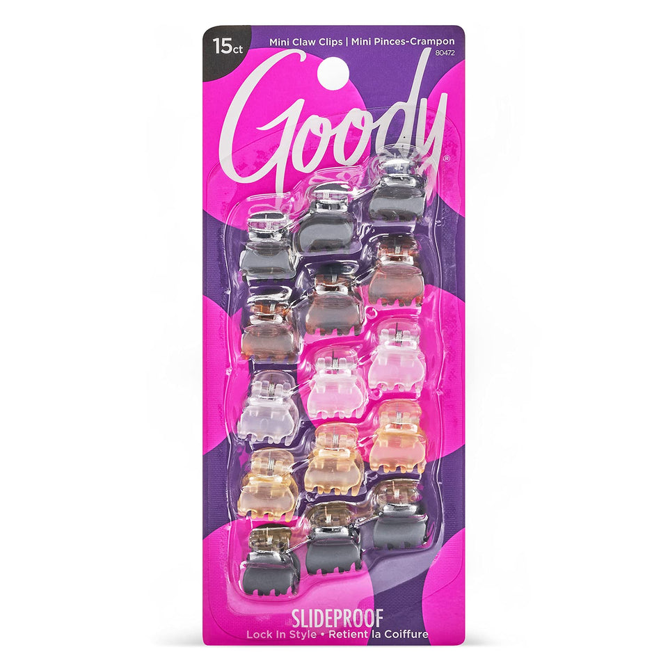 GOODY mini claw clips front packaging showing 15 neutral clips and benefits