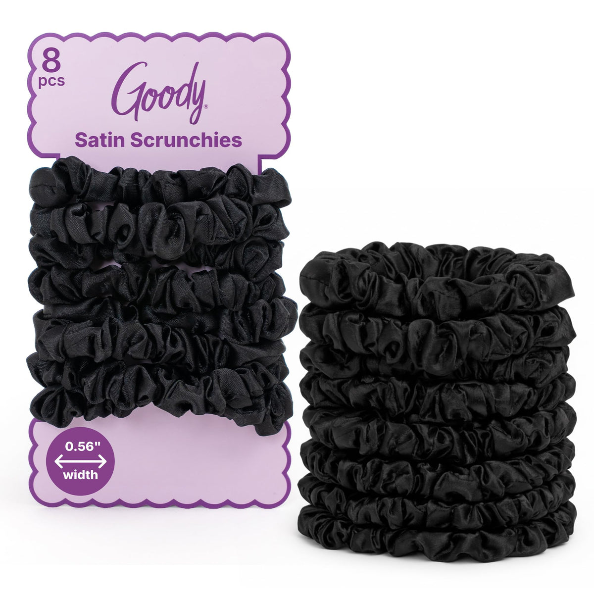 Goody front packaging showing black satin scrunchies and benefits