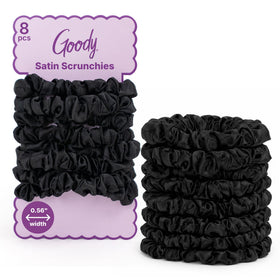 Goody front packaging showing black satin scrunchies and benefits