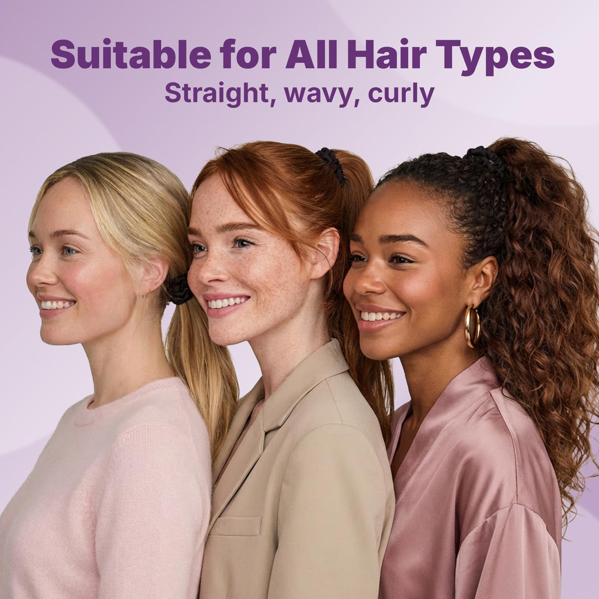 Goody scrunchie holding a ponytail in use providing comfortable, creaseless style