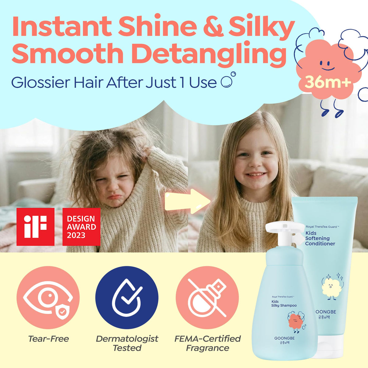 GOONGBE conditioner close-up pour demonstrating silky slip and detangling