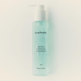 goop Daily Detox bottle on bathroom shelf styled for daily routine convenience and aesthetic