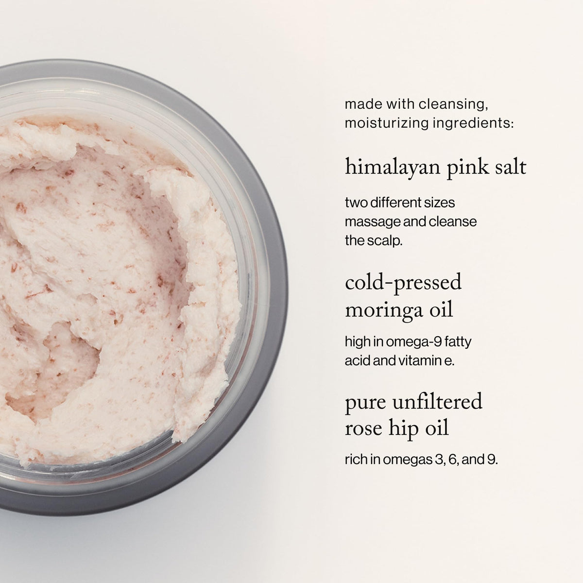 goop scalp scrub oil ingredients with moringa and rosehip highlighting nourishing benefits