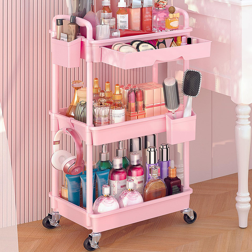 Goovilla front view of pink rolling makeup cart showing organized shelves and drawer for tidy storage