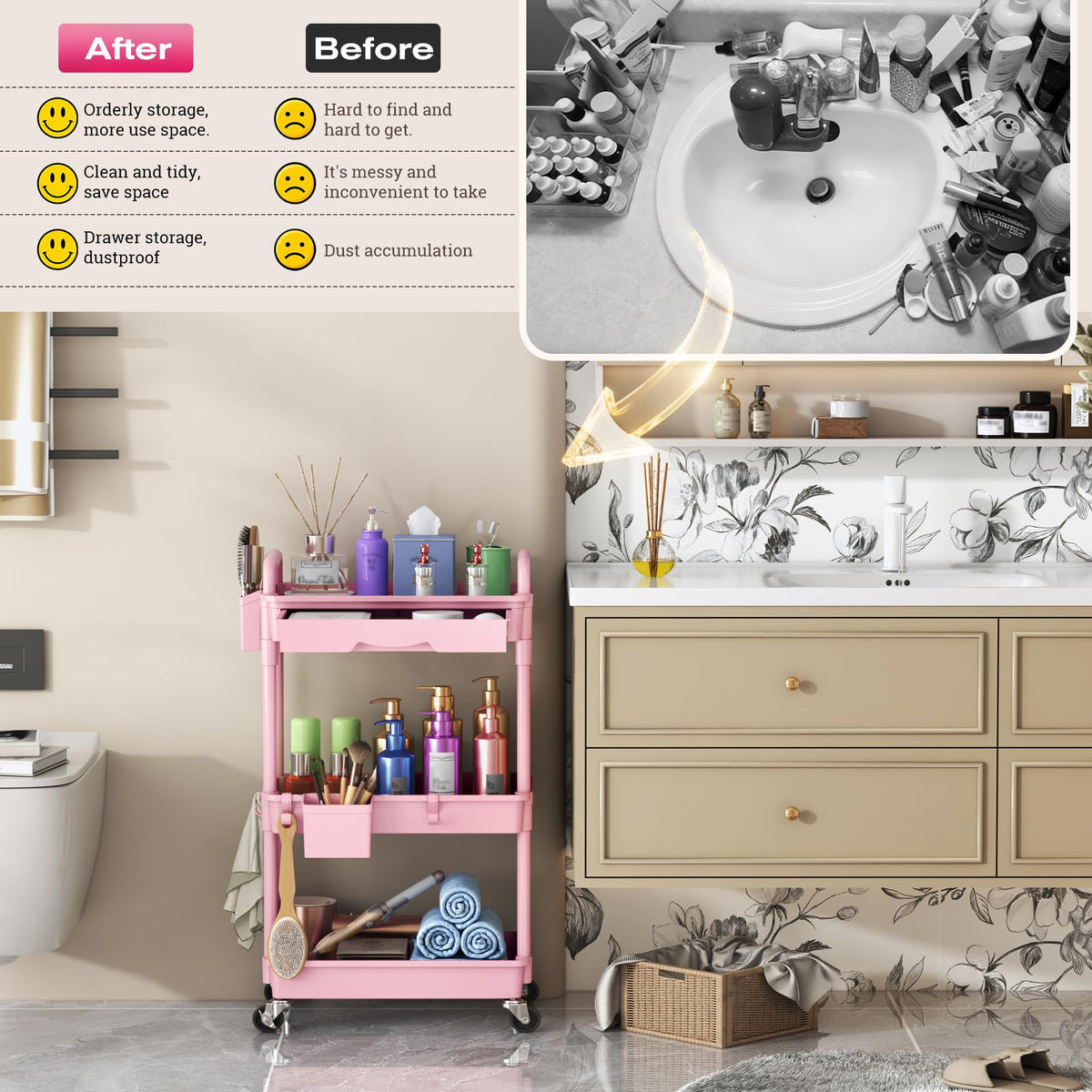 Goovilla cart beside vanity in room showcasing compact footprint and stylish organization