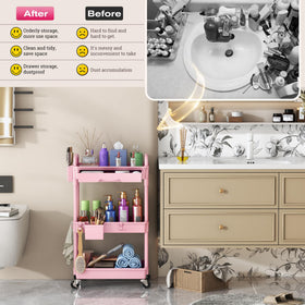 Goovilla cart beside vanity in room showcasing compact footprint and stylish organization