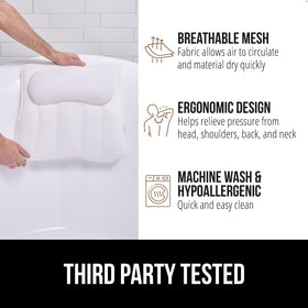 GORILLA GRIP beside a hand showing scale and generous pillow dimensions