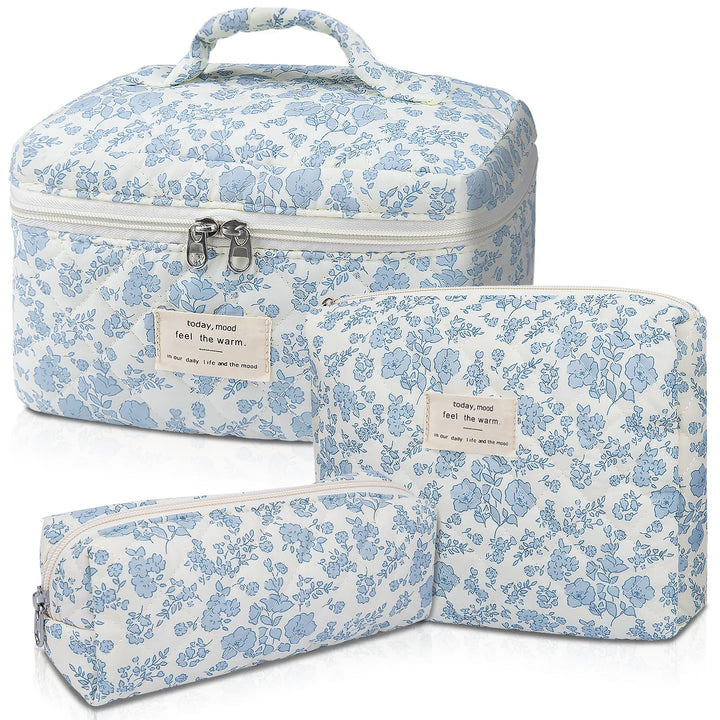Gosect front view of blue floral makeup bag showing storage appeal