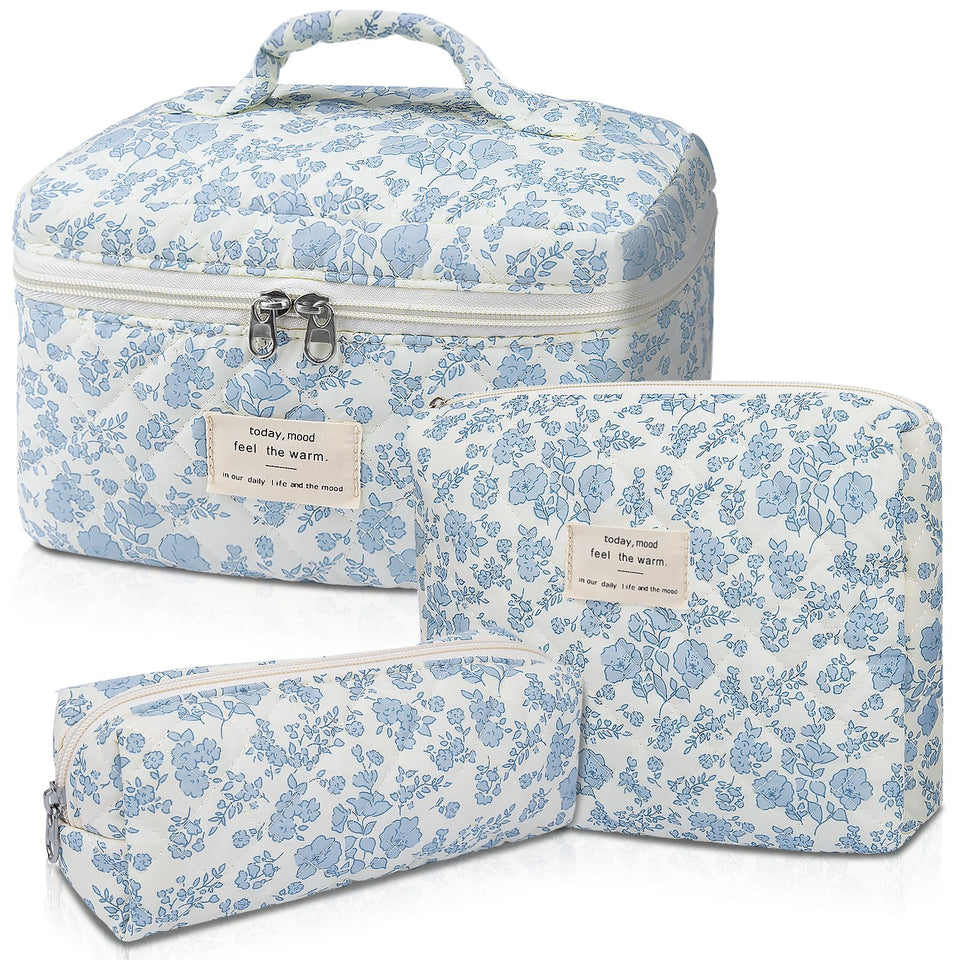 Gosect front view of blue floral makeup bag showing storage appeal