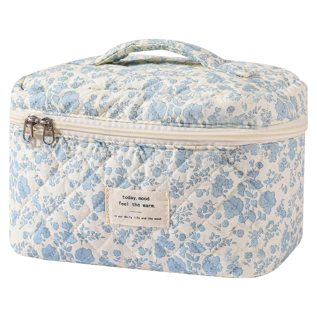 Gosect front view showing floral cosmetic bag, stylish storage benefit