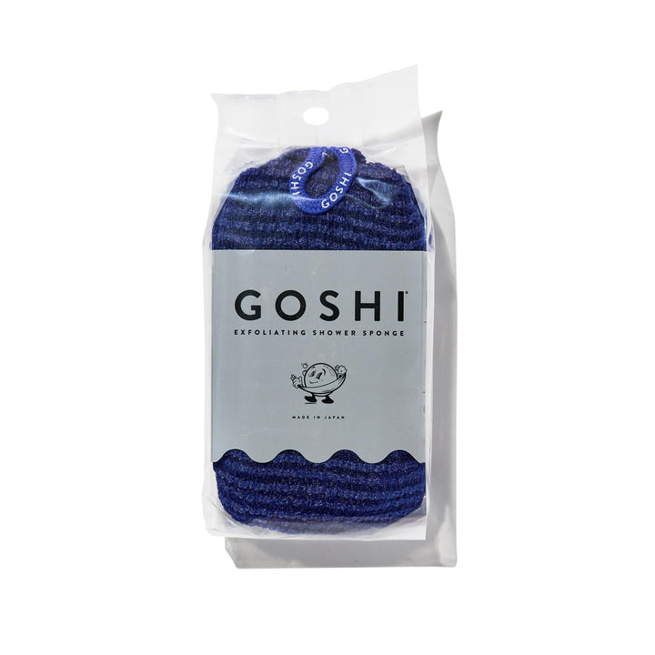 GOSHI front view of indigo blue sponge showing compact shape and durable finish