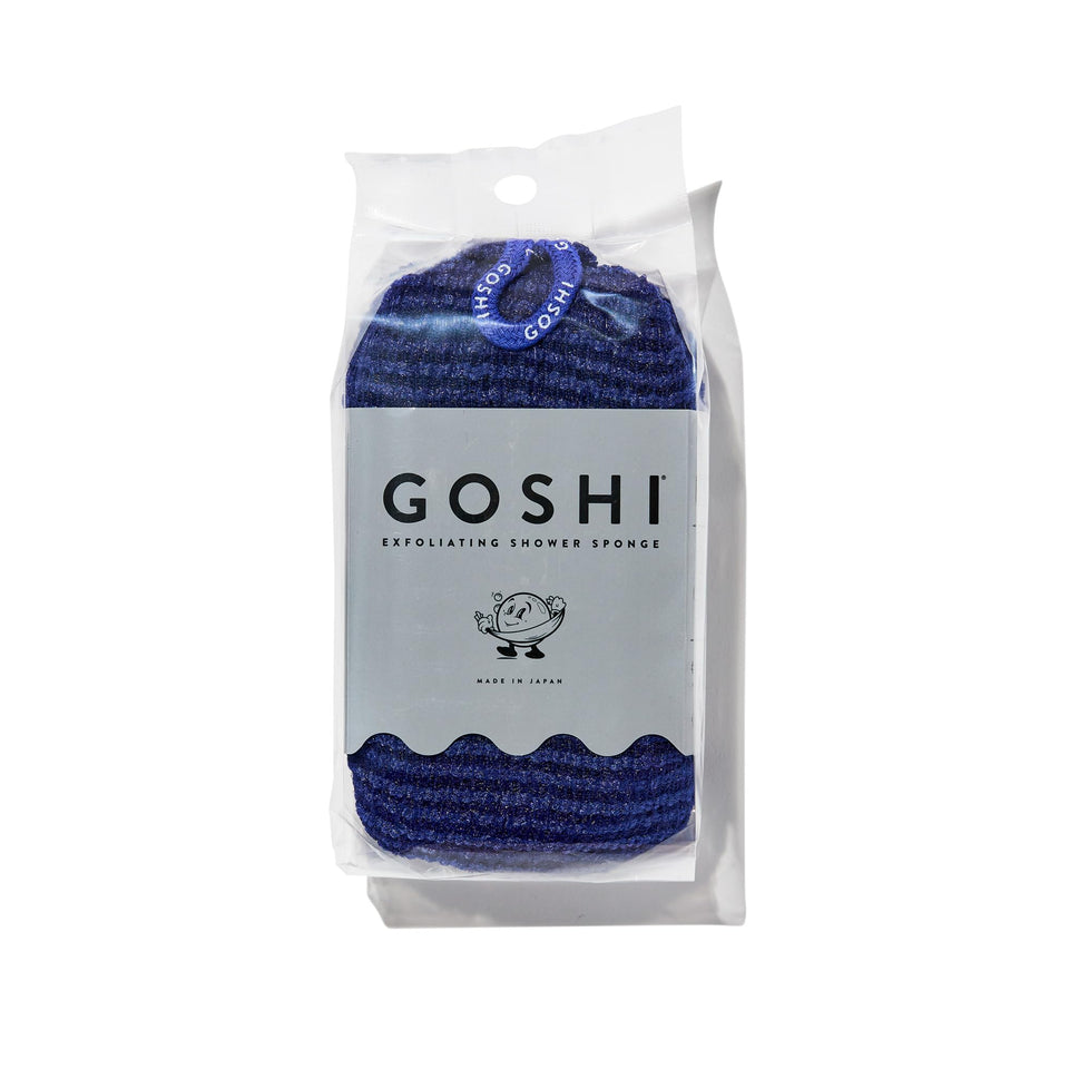 GOSHI front view of indigo blue sponge showing compact shape and durable finish