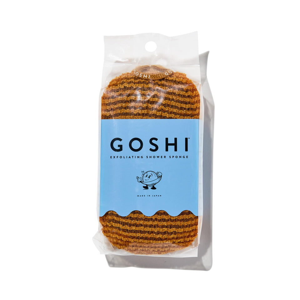 GOSHI front view of marigold exfoliating sponge showing shape and color, durable design
