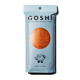 GOSHI front view of orange exfoliating towel showing length and color benefit reach