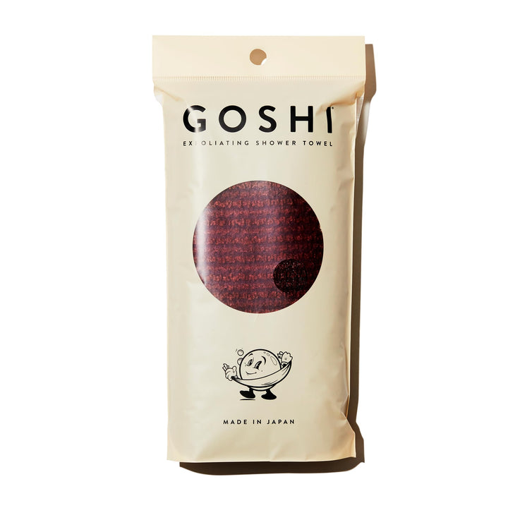 GOSHI front view of red exfoliating shower towel showing shape and handles - easy back reach