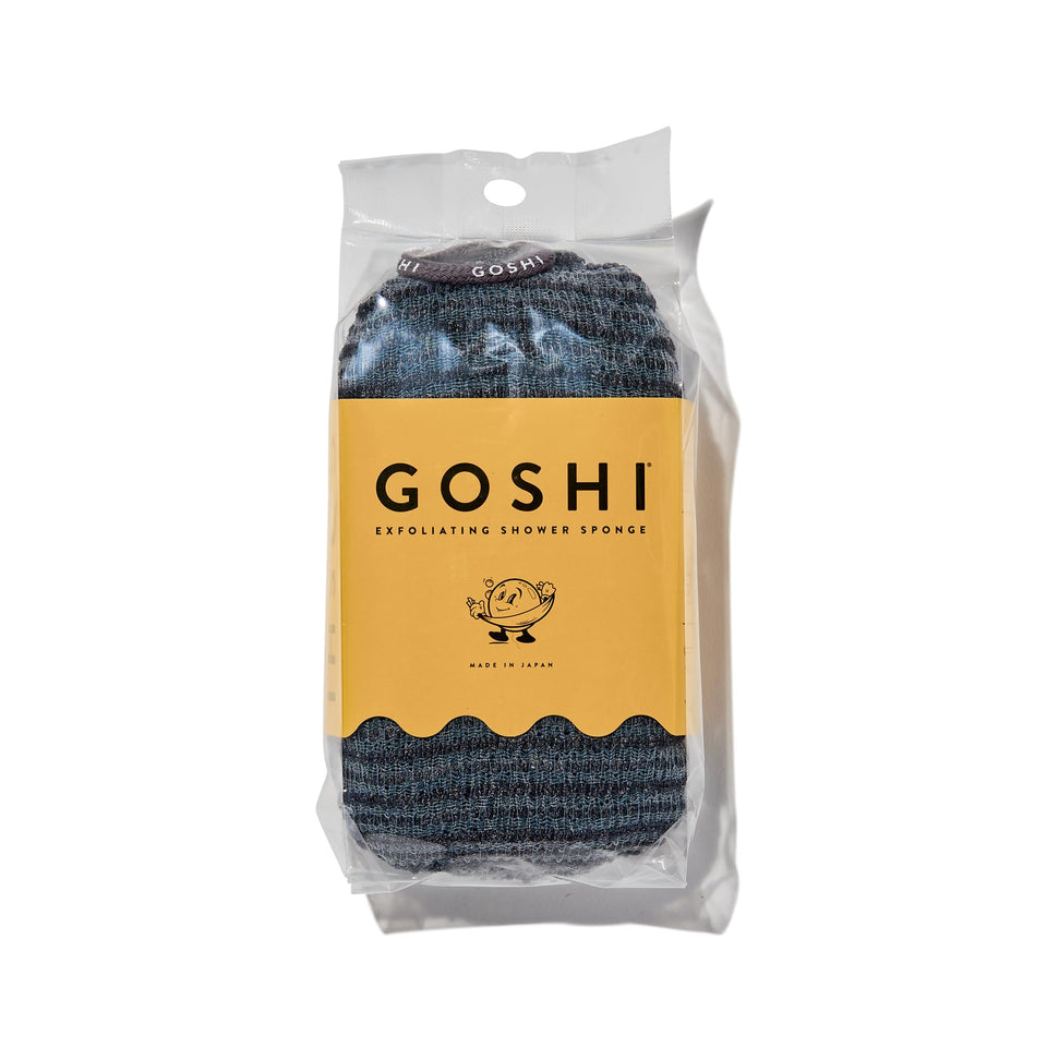 GOSHI front view of grey exfoliating sponge showing clean design and long-lasting durability