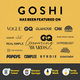 GOSHI sponge producing rich lather with body wash for enhanced cleansing benefit