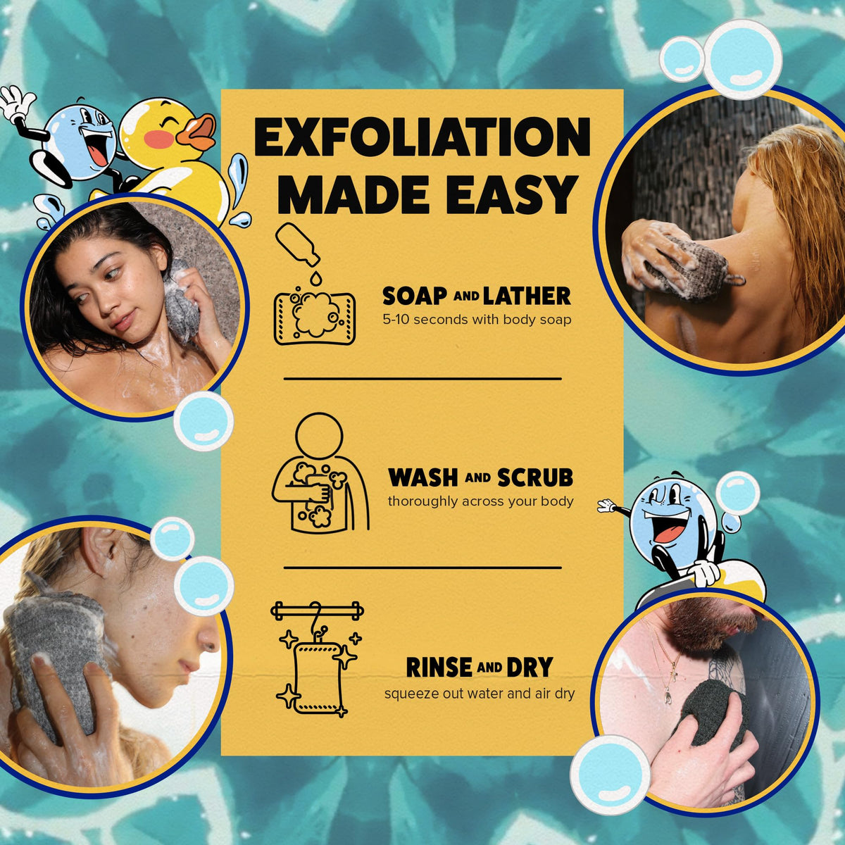 GOSHI sponge in shower lifestyle scene demonstrating comfortable daily exfoliation routine