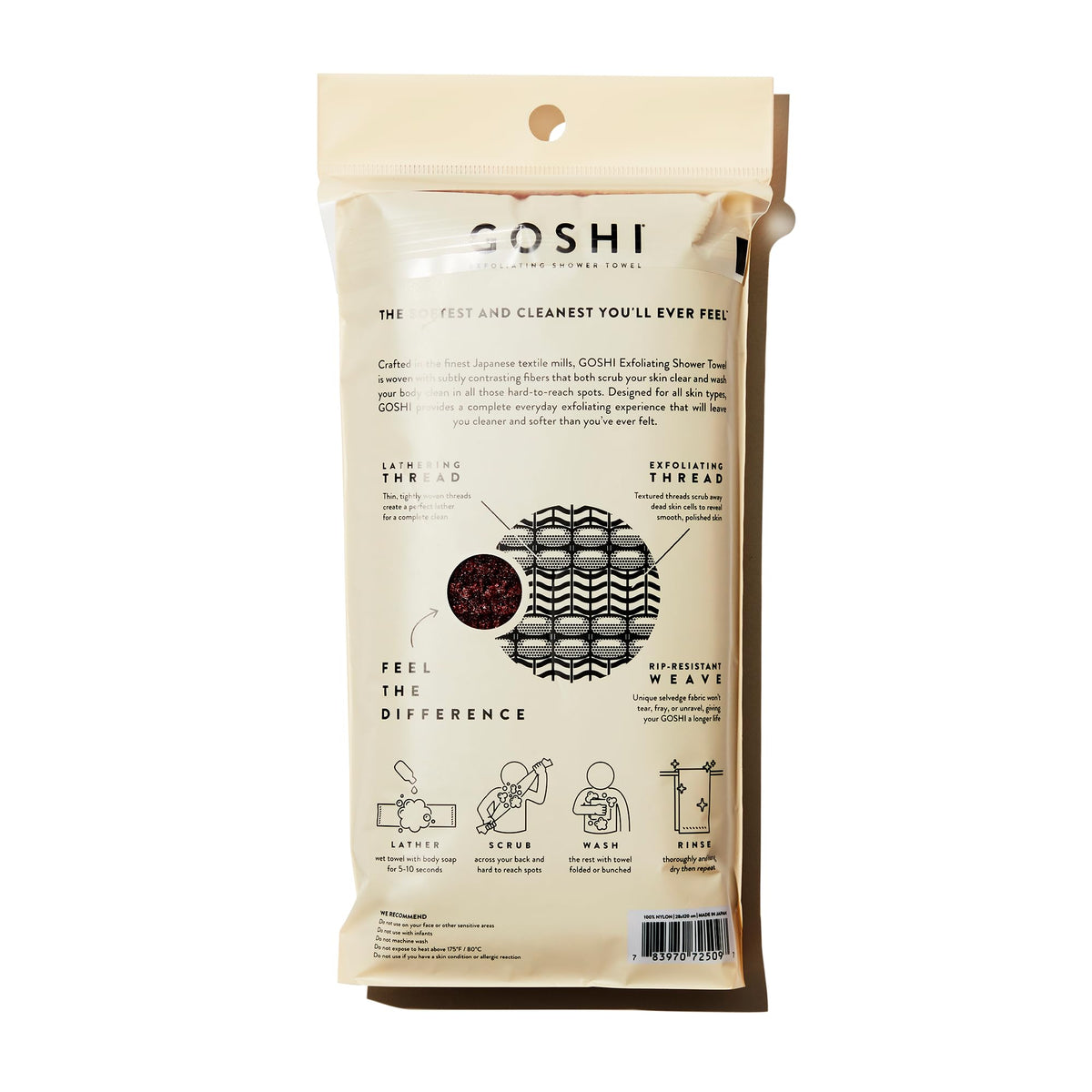 GOSHI close-up of dual-thread nylon weave highlighting texture and gentle exfoliation