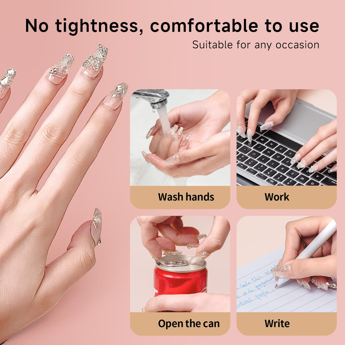 Gosojam result on hands wearing press-ons, showcasing durable water-resistant finish