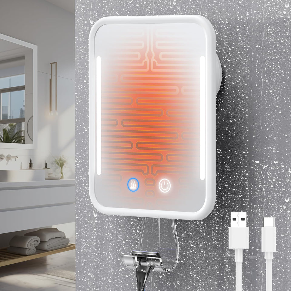 Gospire front view mounted on shower wall showing clean, fogless reflection