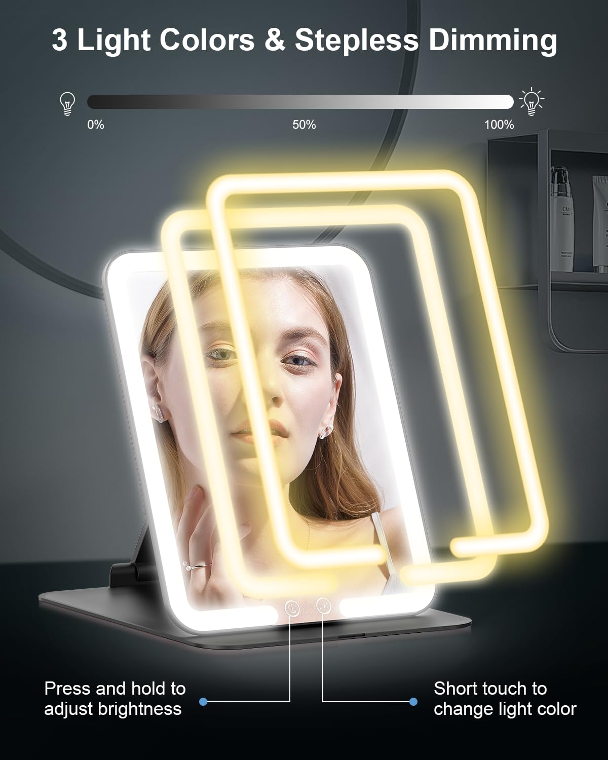 Gospire touch control close-up showing three-color modes and dimming benefit