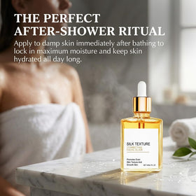 Gouda Silk bottle in a bathroom setting, suggests daily routine and subtle fragrance benefit