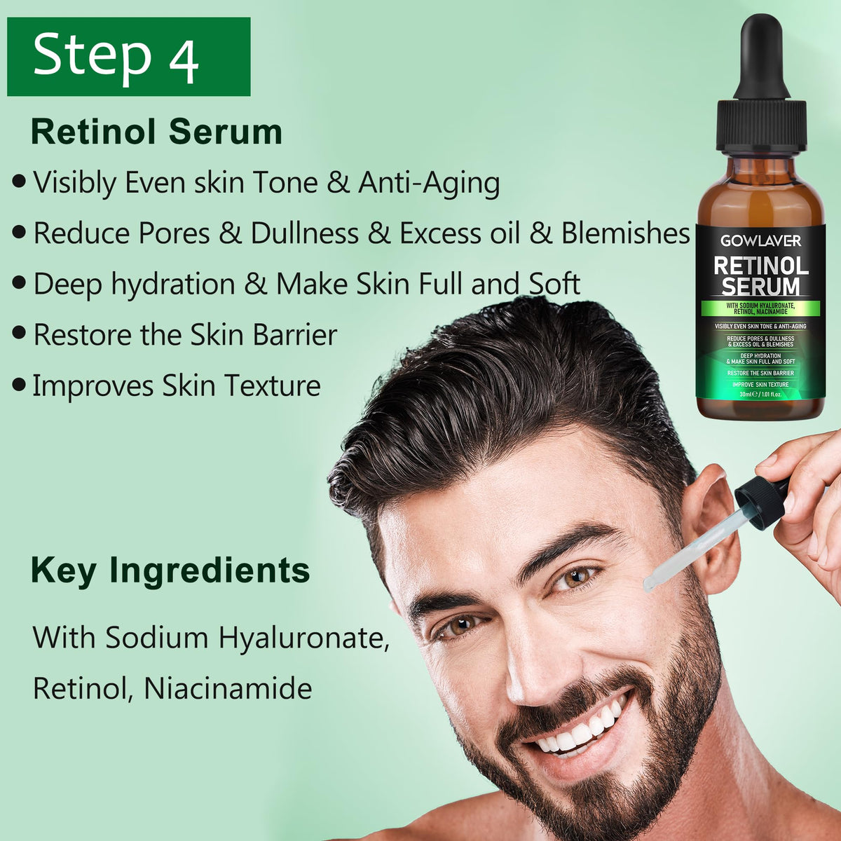 GOWLAVER retinol serum dropper showing precision and improved texture benefit