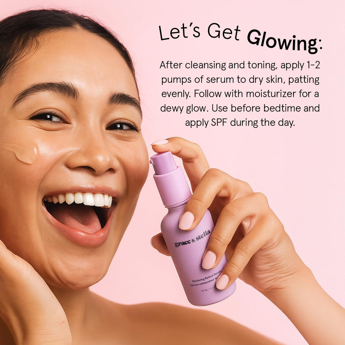 grace & stella applying serum to cheek with fingers, indicating gentle absorption and smoothing
