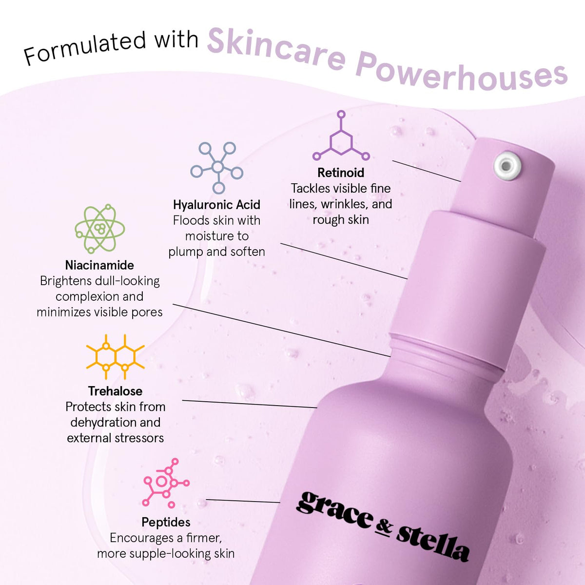 grace & stella bottle on bathroom shelf styled with towels, conveying daily routine benefits
