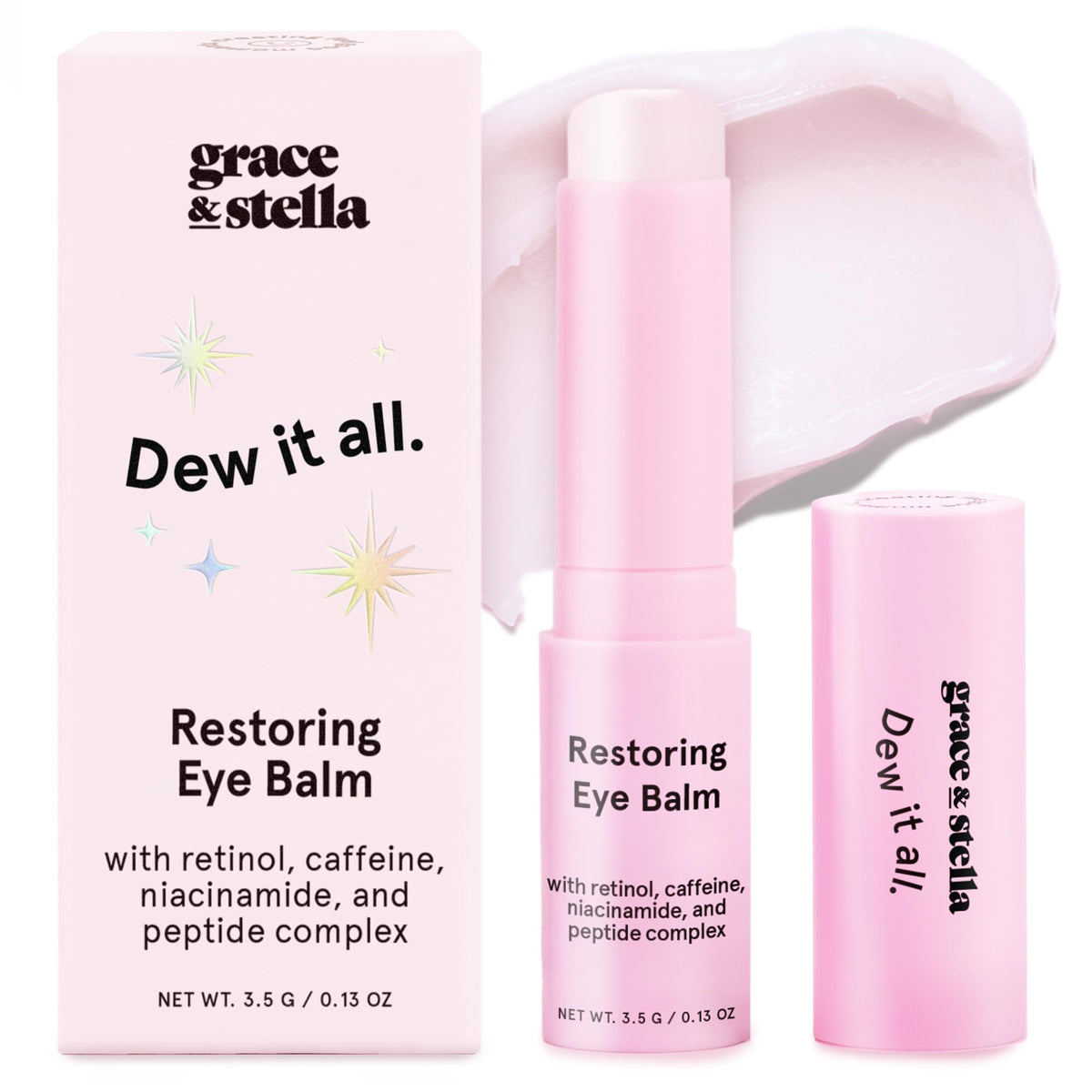 grace & stella front packaging shot showing compact travel eye balm and benefits