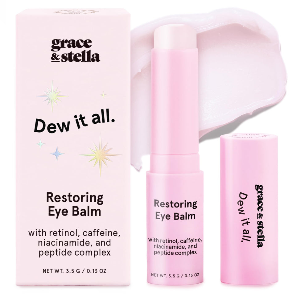 grace & stella front packaging shot showing compact travel eye balm and benefits